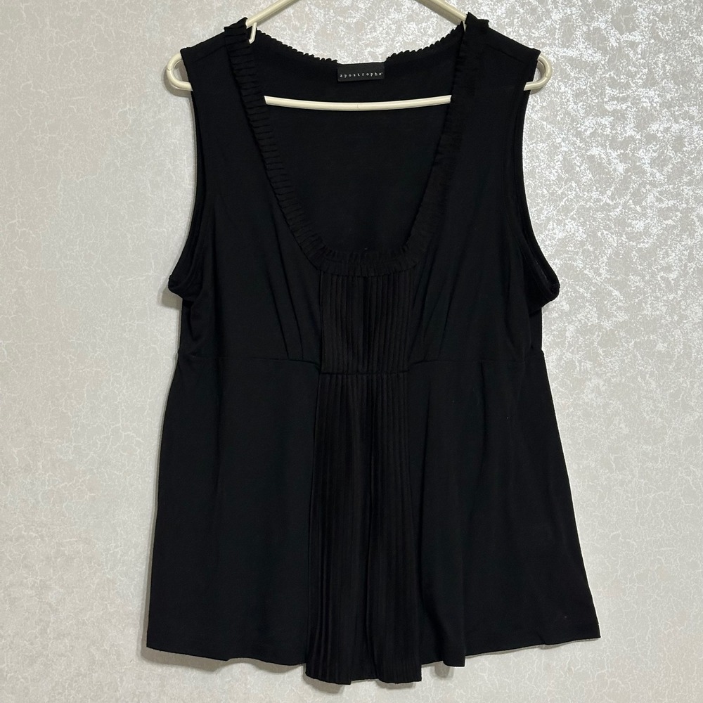 Apostrophe Black Sleeveless Pleated Ruffled Neck Scoop Neck Tank Top Blouse Sz L